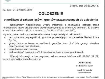 o możliwości zakupu lasów i gruntów przeznaaczonych do zalesienia